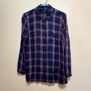 Talbots Plaid Flannel Blue Pink Long‎ Sleeve Womens Size L Petite